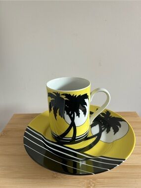 Vintage Fitz and Floyd "Palm Beach" pattern ceramic mug and saucer 1970s